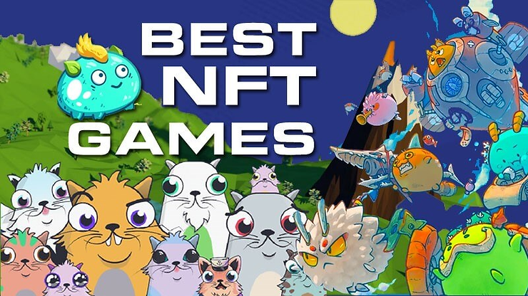 Colorful cartoon animals and creatures gather under "Best NFT Games" text against a vibrant landscape, creating a playful and exciting mood.