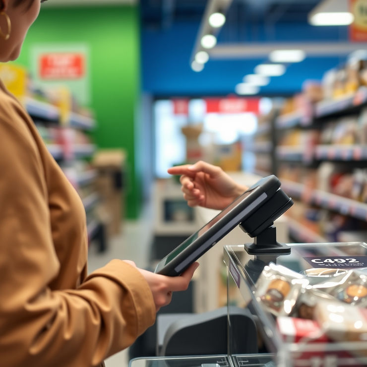 Retail employee using a mobile POS system for checkout and inventory tracking.