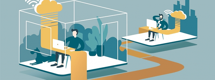 Flat illustration of remote work: two developers working at laptops in separate locations connected by a path, with cloud and wifi icons and a city skyline.