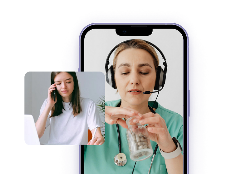 Woman with headset on phone screen shows pills. Inset: person in white shirt talks on phone. Mood: concerned, professional.