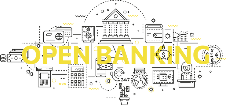 A line-icon banner reading 'Open Banking' surrounded by finance and technology icons such as cards, a phone, a globe, and a 24/7 symbol.