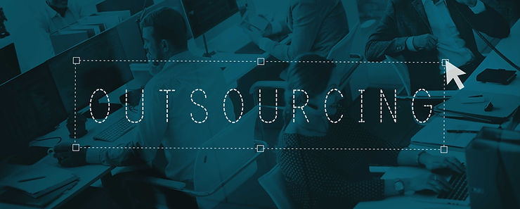 The word 'Outsourcing' overlaid on a teal-tinted photo of an open-plan office full of people working at computers.
