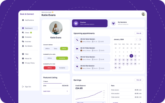 User dashboard with profile picture of Katie Evans. Displays upcoming appointments, calendar, and earnings. Purple theme, organized layout.