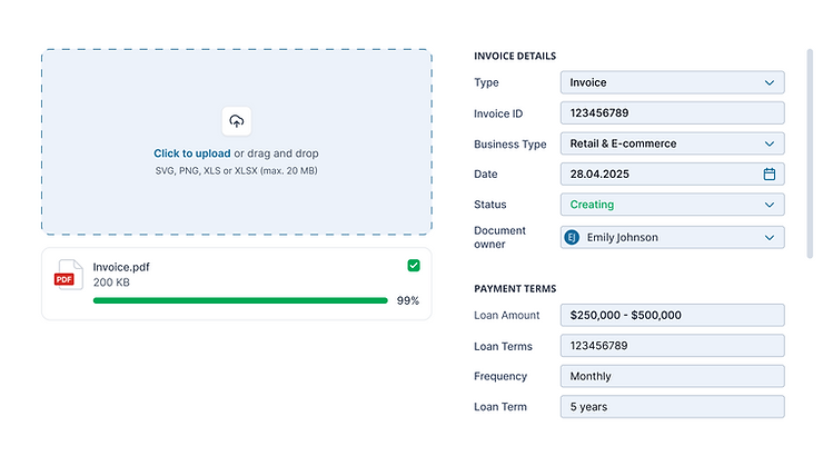File upload interface showing progress at 99%. Invoice details on the right include type, ID, owner Emily Johnson, status creating.