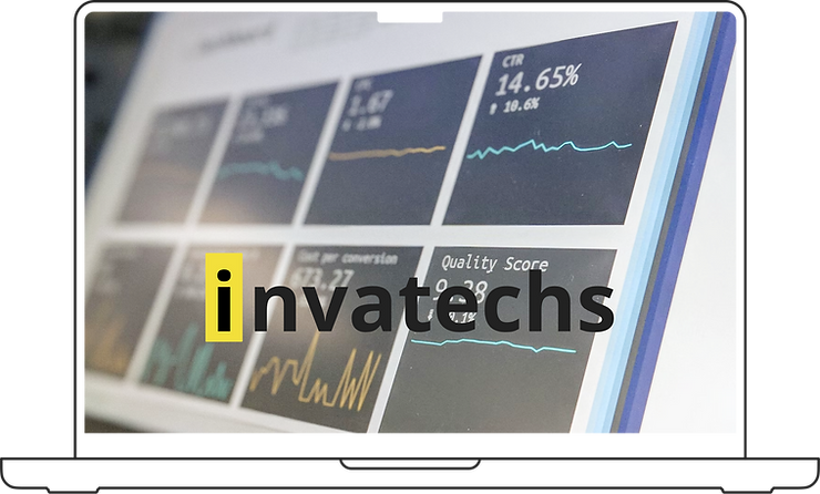 Laptop screen displaying graphs and metrics with blue lines and text. "invatechs" logo overlayed prominently in black and yellow.