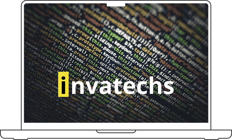 Laptop screen displaying colorful code with the text "invatechs" in the center, creating a tech-focused, dynamic atmosphere.