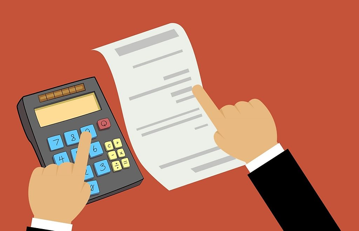 Hands holding a receipt and using a calculator on a red background. The calculator has blue and yellow buttons, indicating financial calculation.