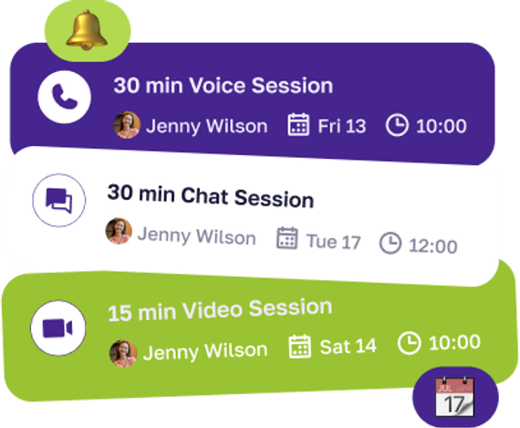 Bell icon with three session alerts: Voice, Chat, Video. Dates, times, and "Jenny Wilson" text. Background in purple and green.