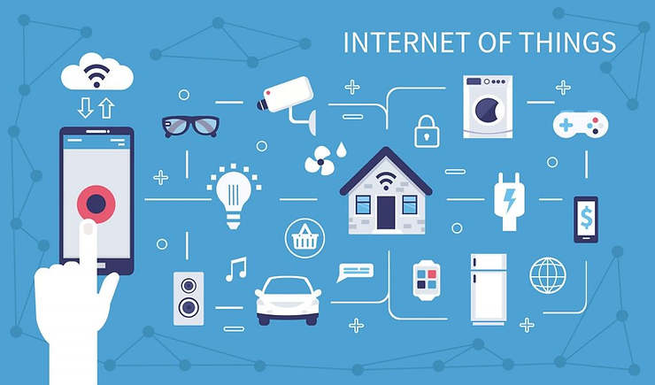 Flat 'Internet of Things' illustration: a hand holding a phone connected to smart-home devices including a camera, washing machine, car, fridge, and lightbulb.