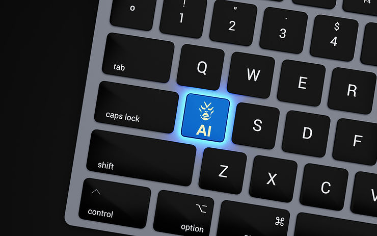 Black keyboard with a glowing blue AI key, featuring a mask symbol, surrounded by standard keys. Dark background. Emotes technology.