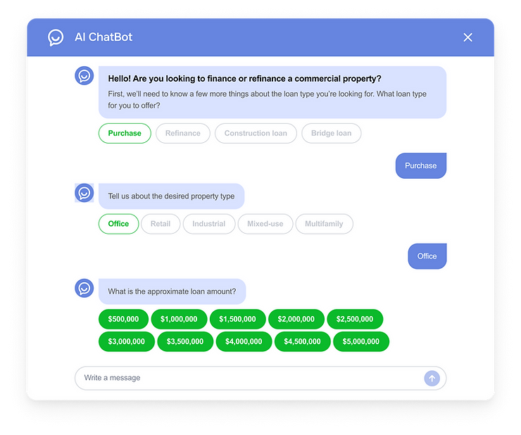 AI chatbot interface showing finance options for a commercial property, with choices for loan type, property type, and loan amount.