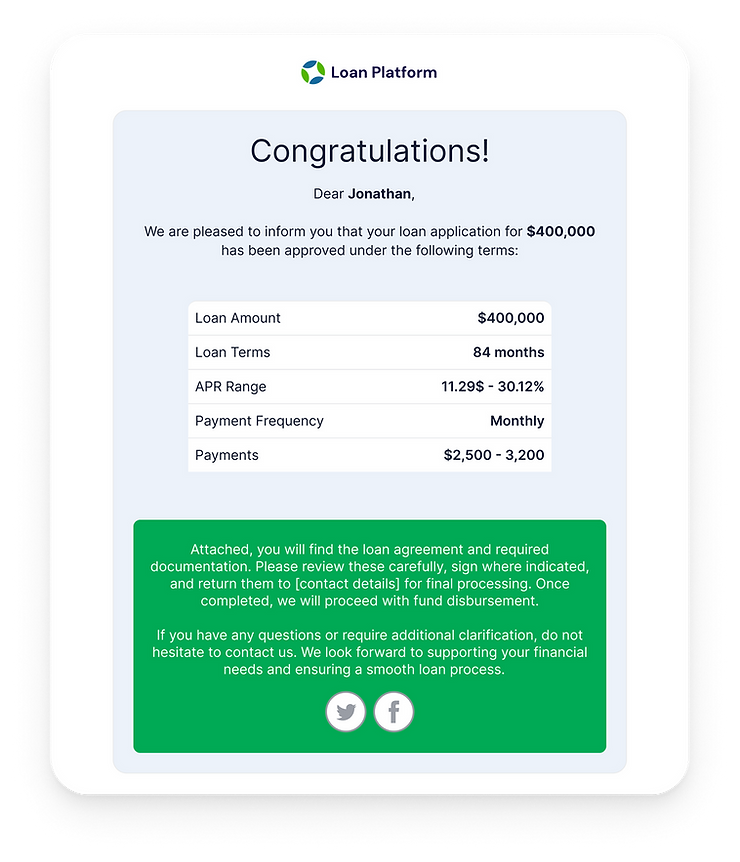 Loan approval notification for $400,000 showing terms: 84 months, 11.29%-30.12% APR. Includes loan details, contact info, and social icons.