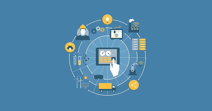 Flat illustration of an industrial IoT control hub: a central tablet surrounded by connected icons for factories, cloud services, and devices.