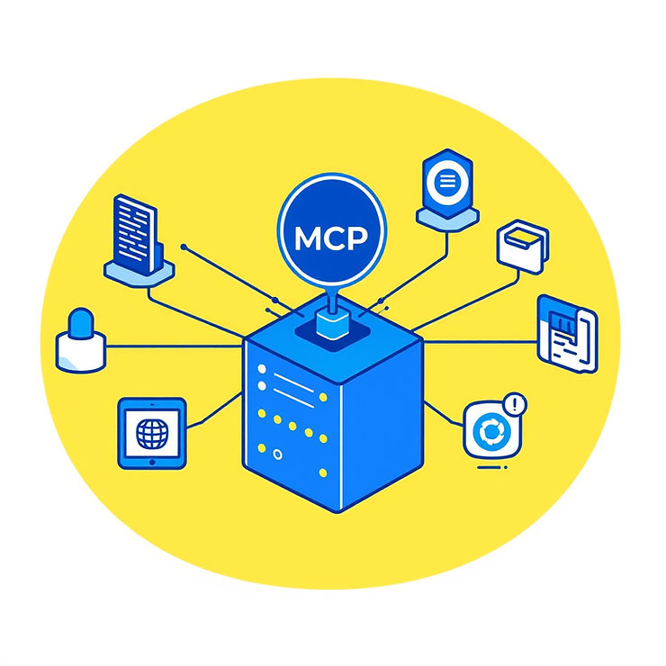 Blue cube labeled MCP with tech icons connected in a yellow circle background. Visualizes network or system connectivity.