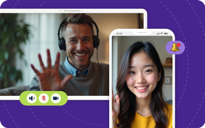 Man and woman video chatting; man waves with headphones on, woman smiles. Purple background with call icons and a notification bell.