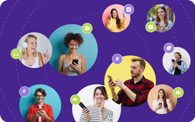 People using phones in colorful circles on a purple background, icons of headphones, cameras, and messages around, creating a lively mood.