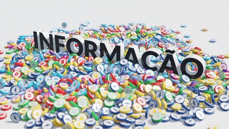 Bold "INFORMAÇÃO" text rises from a pile of colorful social media icons on a white background, symbolizing digital information overload.