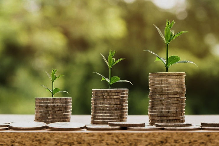 Three rising stacks of coins topped with green plant sprouts against a green background, symbolizing financial growth.