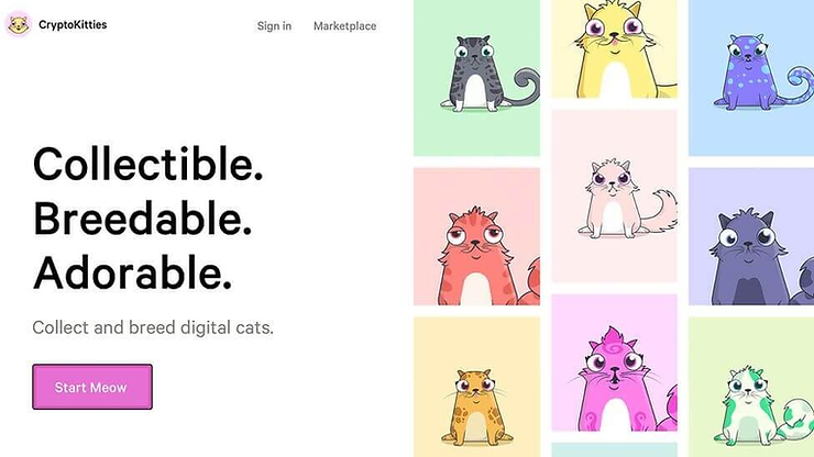 Digital cats in colorful squares on the right. Text on the left reads "Collectible. Breedable. Adorable." with "Start Meow" button.