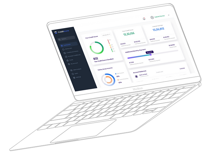 Laptop displaying a credit score dashboard with colorful charts and financial data on a sleek interface. Username: Gabriel Gomez.
