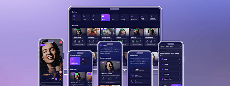 Multiple smartphone screens display a psychic app interface featuring user profiles, horoscope information, and chat options against a purple backdrop.