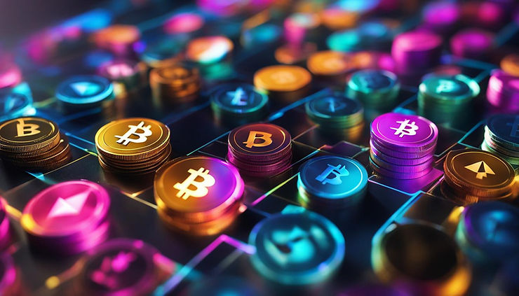 Stacks of colourful cryptocurrency coins with Bitcoin symbols on a glowing grid.