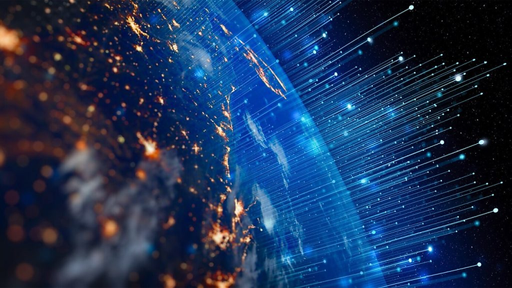 Earth viewed from space with glowing city lights and blue data streams shooting out, set against a dark starry sky. Mood is futuristic.
