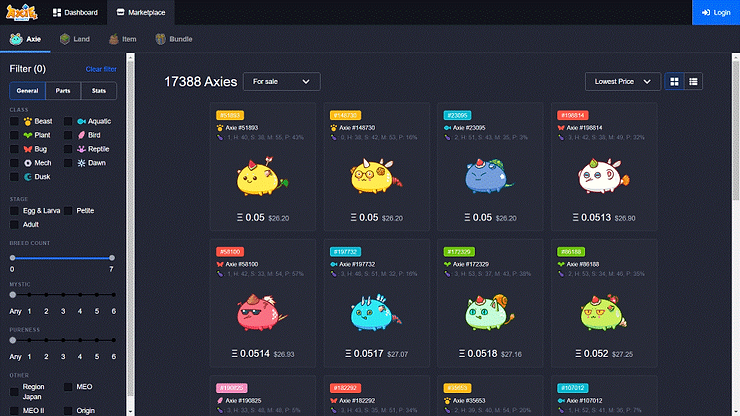 Colorful digital creatures listed for sale on a dark dashboard, with various stats and prices. Filters on the left. Blue login button top right.