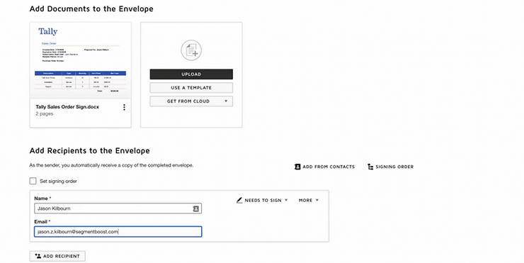 Document upload interface with "Tally Sales Order Sign.docx" file. Recipient fields show name "Jason Kilbourn" and email. Add options visible.