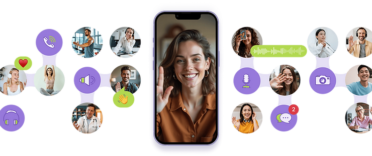 Smiling woman on video call shown on a smartphone, surrounded by icons and photos of diverse people. Purple and green theme with vibrant mood.