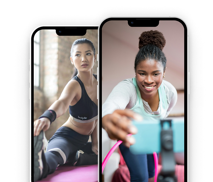 Two women on smartphone screens; one stretching on a pink mat, the other smiling and filming with gear. Bright settings and active mood.