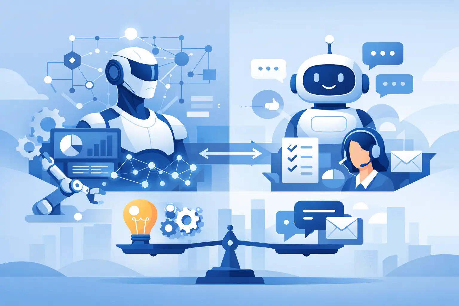 AI agents vs chatbots — a conversational chatbot answering questions beside an AI agent executing multi-step work across CRM, ERP, and ticketing systems under controls.