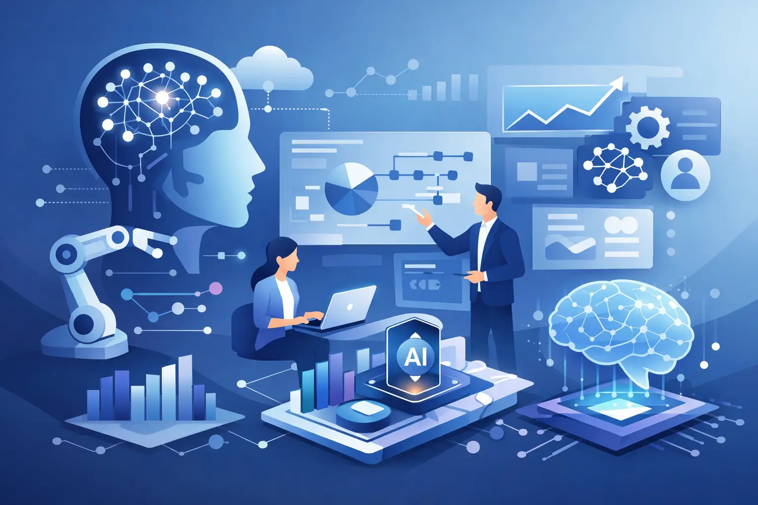 AI-first application development connecting an AI orchestration layer to CRM, ERP, document, and support systems through secure integrations and approval gates.