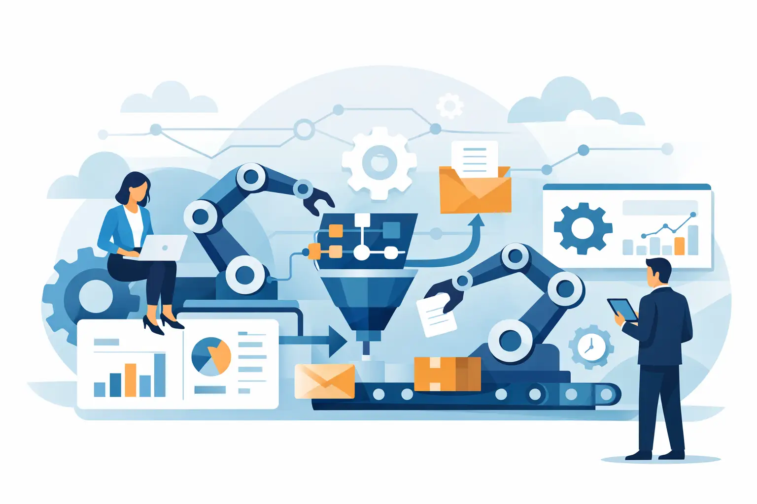 Business process automation services connecting CRM, ERP, finance, and support systems into reliable workflows.