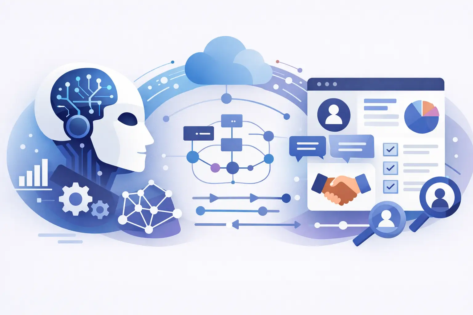 AI connecting to a CRM through a controlled application layer — role-based permissions, validation, and approval gates governing reads and write-backs.