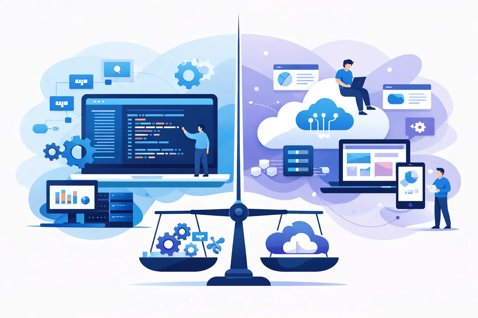 Custom software vs SaaS — standardized SaaS systems of record alongside a custom integration and workflow layer coordinating CRM, ERP, and document systems.