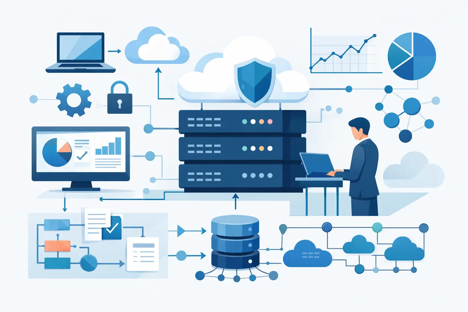An MCP server exposing governed business-level tools — CRM, ERP, documents, and workflow services — to an AI agent through a standardized protocol with authorization and audit controls.