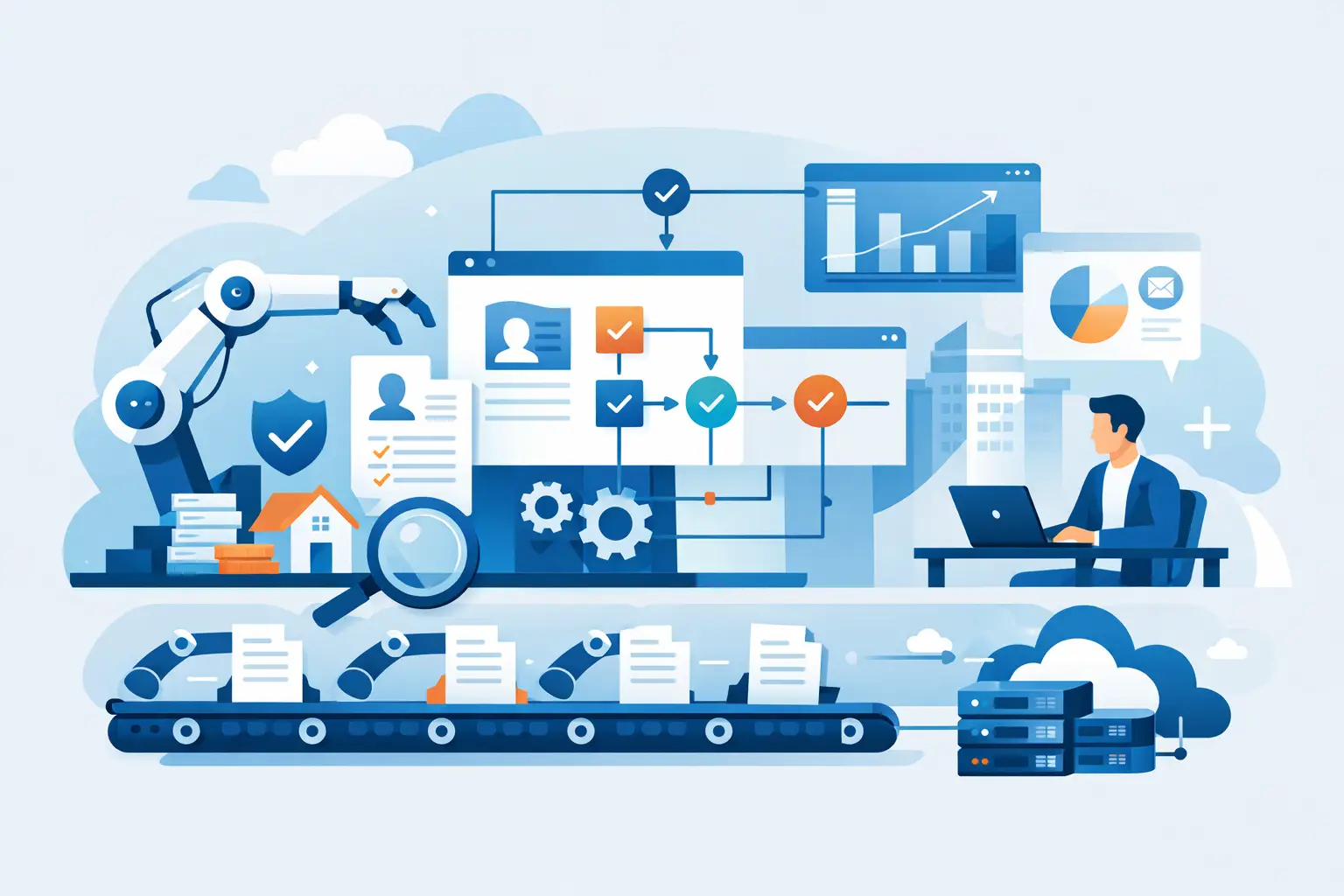 Automated underwriting workflow moving applications through AI document extraction, decision rules, exception queues, and audited human approvals across core systems.