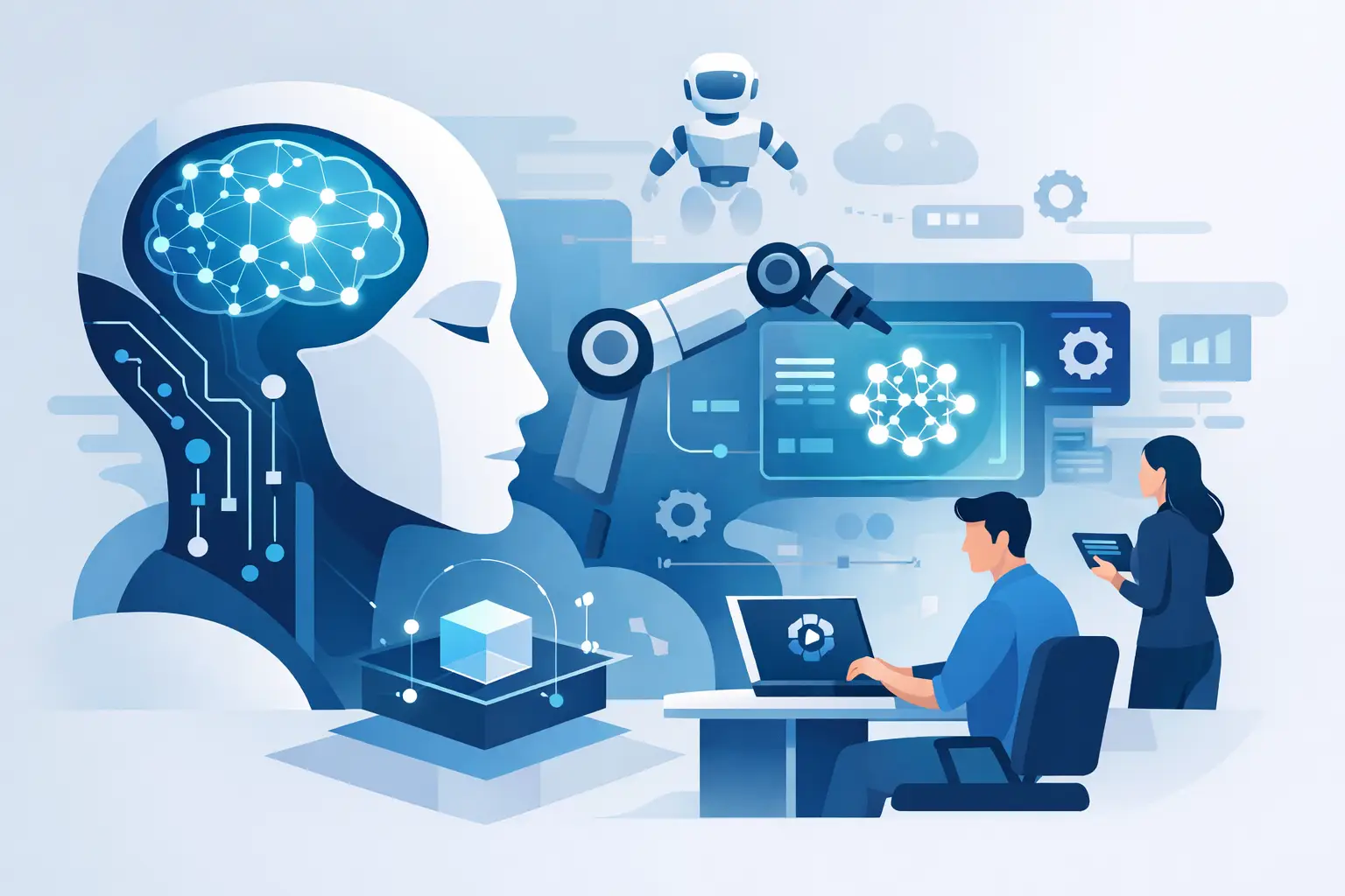 Illustration of AI-first software development: engineers working with AI models, robotic automation, and connected business systems.