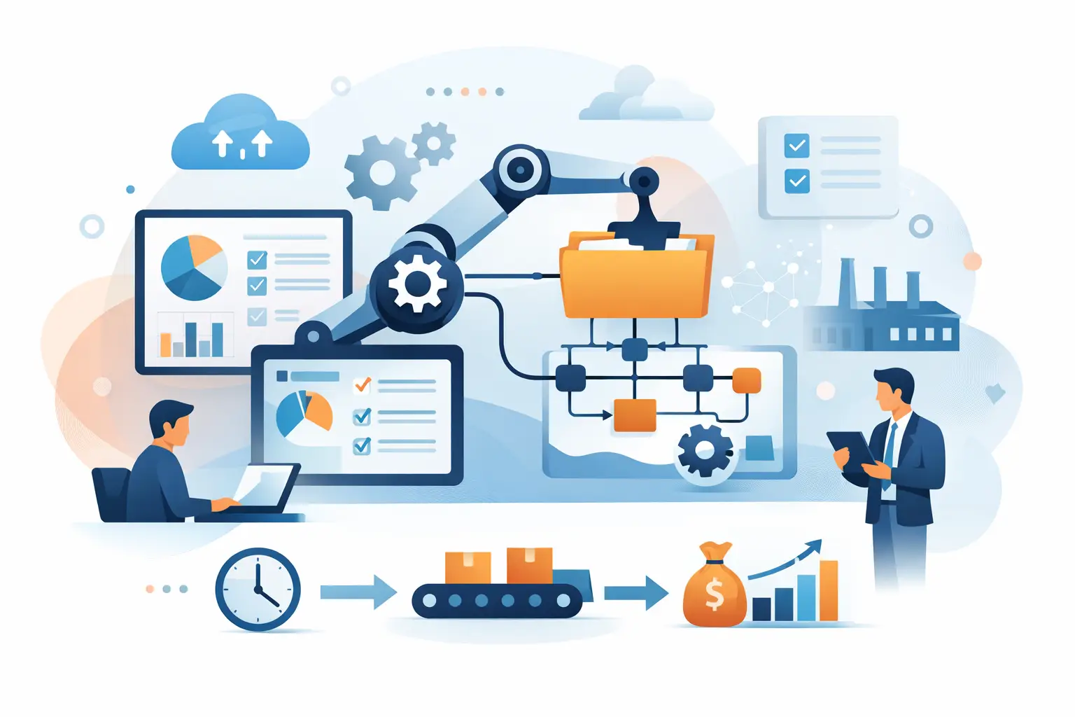 Business process automation (BPA) orchestrating triggers, rules, integrations, approvals, and AI across CRM, ERP, and support systems.