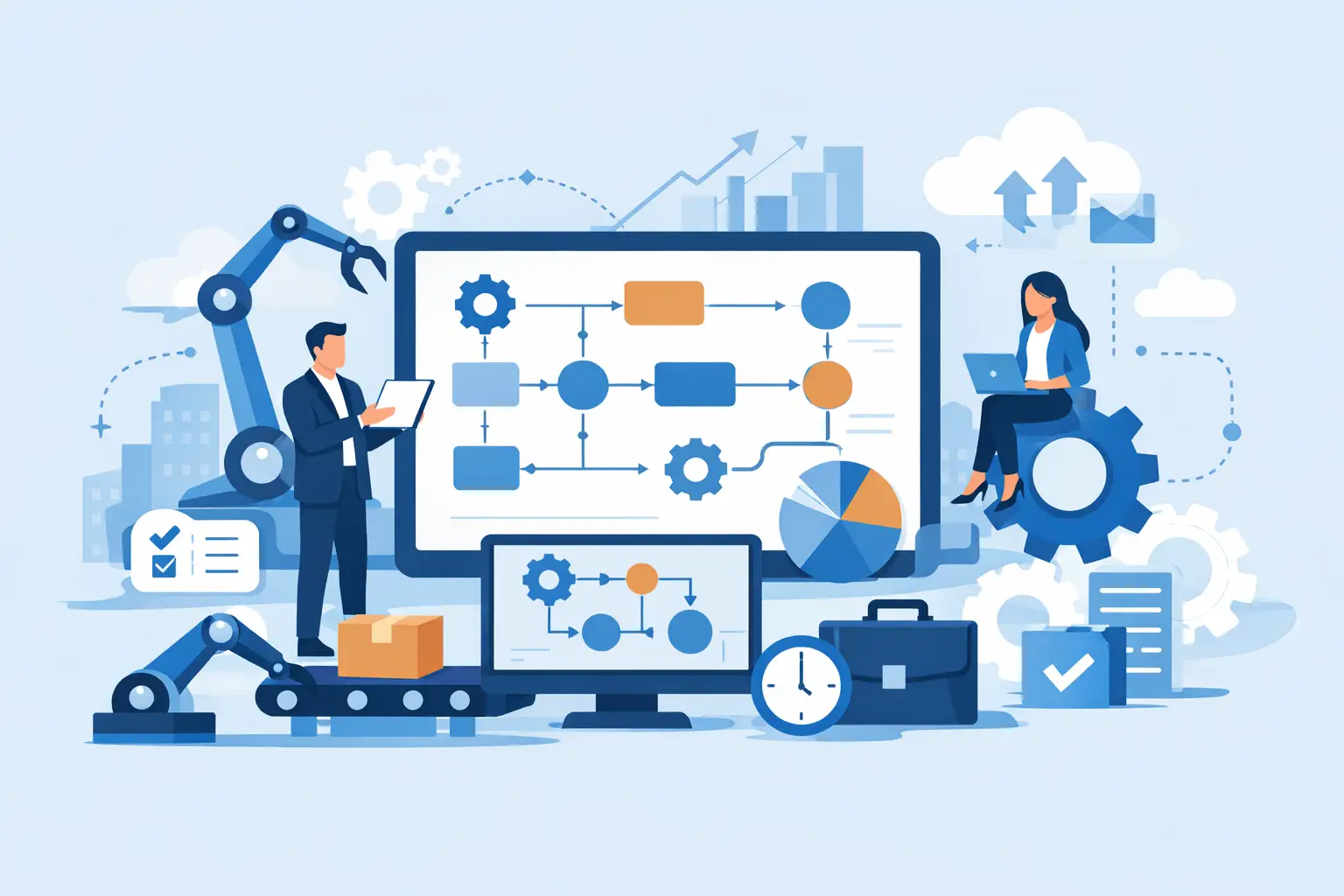 Business process automation connecting CRM, ERP, documents, and approvals into one coordinated workflow.