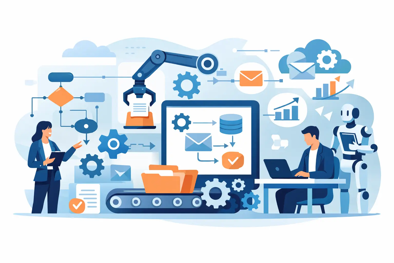Business workflow automation moving data, decisions, approvals, and notifications across CRM, ERP, support, and document systems.